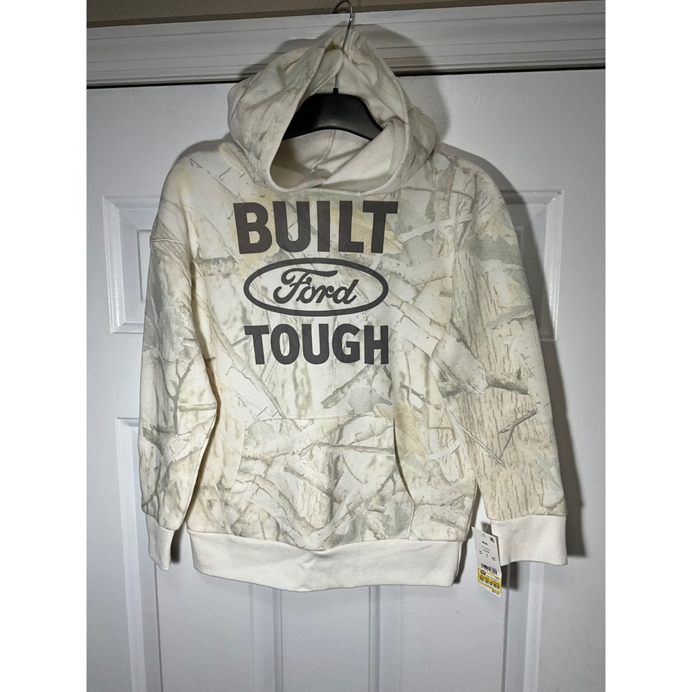 Ford Built Ford Tough Boys Camo Hoodie Sweatshirt Cream Grey Size M 8 NWT
